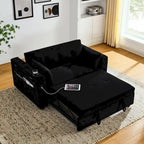 Canapé-lit convertible 2 places en velours beige / noir / gris avec accoudoir de rangement et port USB