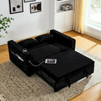 Canapé-lit convertible 2 places en velours beige / noir / gris avec accoudoir de rangement et port USB