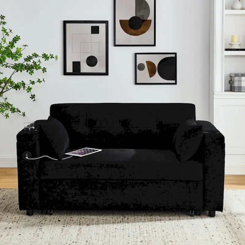 Canapé-lit convertible 2 places en velours beige / noir / gris avec accoudoir de rangement et port USB