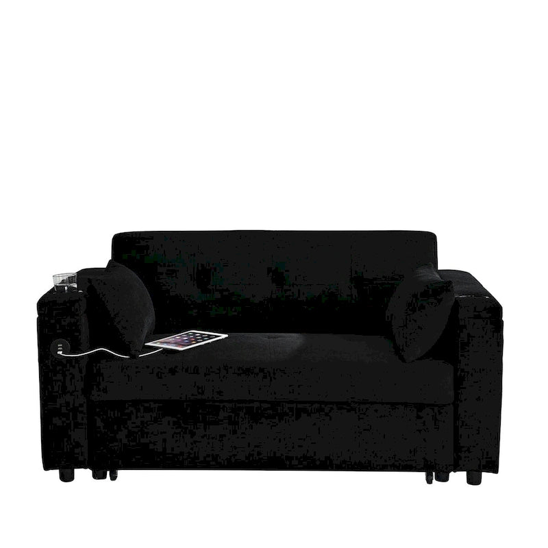 Canapé-lit convertible 2 places en velours beige / noir / gris avec accoudoir de rangement et port USB