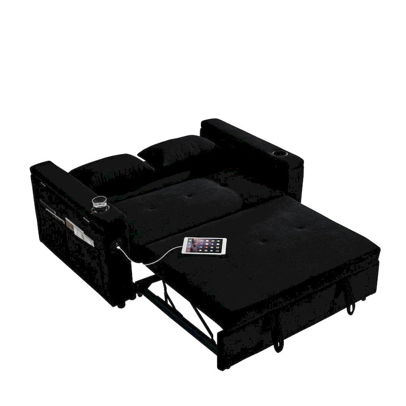 Canapé-lit convertible 2 places en velours beige / noir / gris avec accoudoir de rangement et port USB