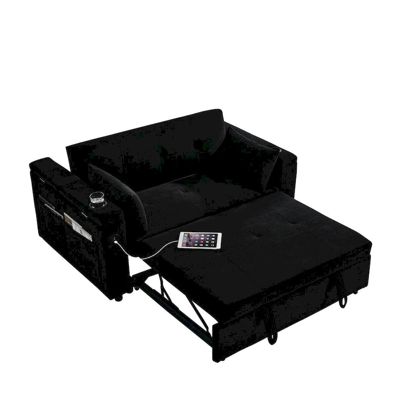 Canapé-lit convertible 2 places en velours beige / noir / gris avec accoudoir de rangement et port USB