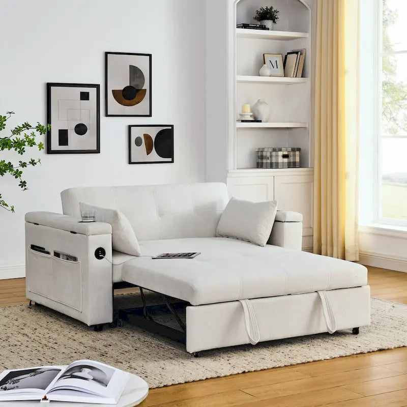 Canapé-lit convertible 2 places en velours beige / noir / gris avec accoudoir de rangement et port USB