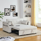 Canapé-lit convertible 2 places en velours beige / noir / gris avec accoudoir de rangement et port USB