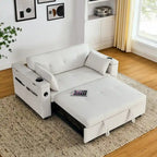 Canapé-lit convertible 2 places en velours beige / noir / gris avec accoudoir de rangement et port USB