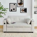 Canapé-lit convertible 2 places en velours beige / noir / gris avec accoudoir de rangement et port USB