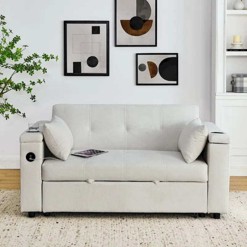 Canapé-lit convertible 2 places en velours beige / noir / gris avec accoudoir de rangement et port USB