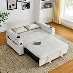 Canapé-lit convertible 2 places en velours beige / noir / gris avec accoudoir de rangement et port USB