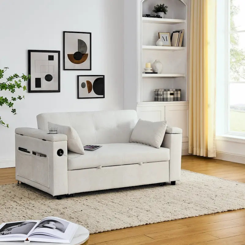 Canapé-lit convertible 2 places en velours beige / noir / gris avec accoudoir de rangement et port USB