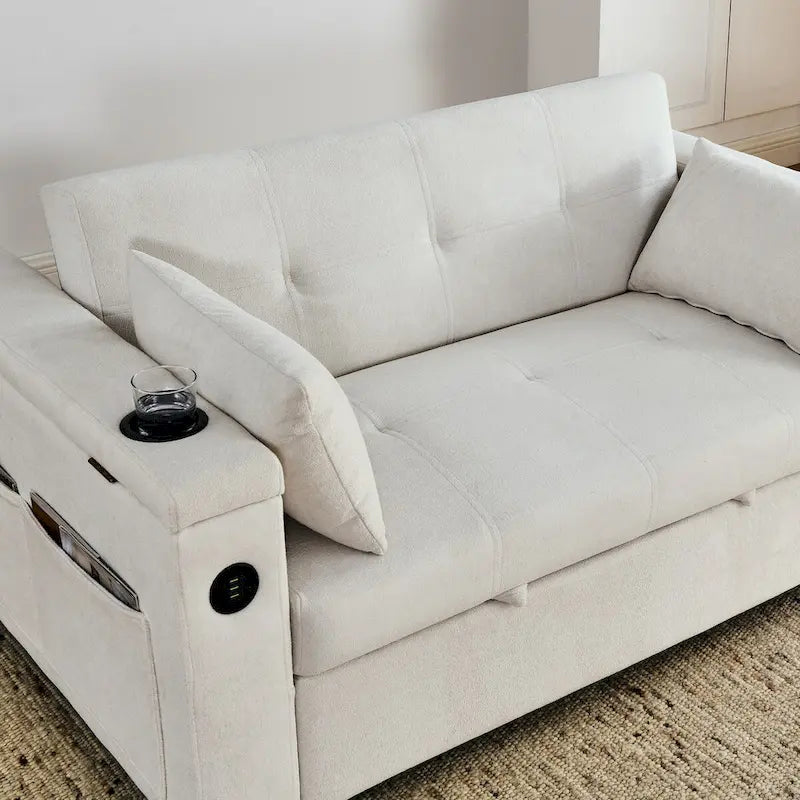 Canapé-lit convertible 2 places en velours beige / noir / gris avec accoudoir de rangement et port USB