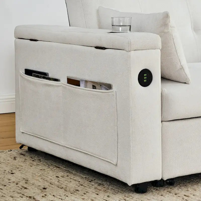 Canapé-lit convertible 2 places en velours beige / noir / gris avec accoudoir de rangement et port USB