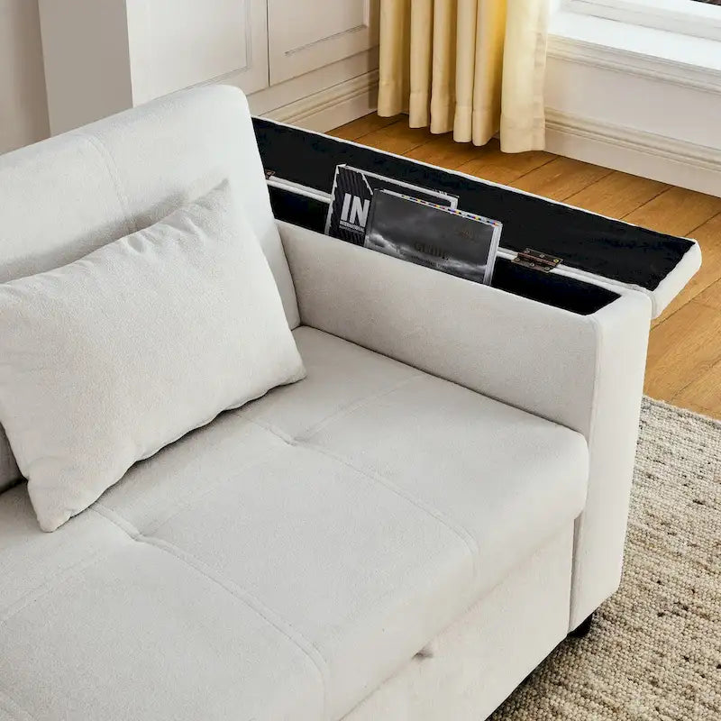 Canapé-lit convertible 2 places en velours beige / noir / gris avec accoudoir de rangement et port USB
