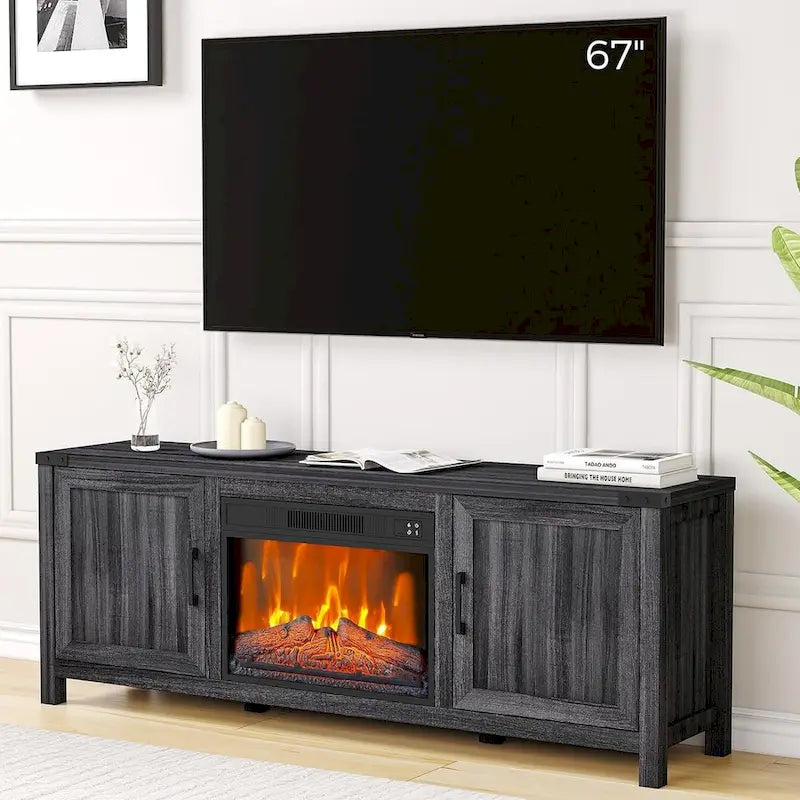 Meuble TV de style ferme noir avec foyer électrique de 23 po, convient aux téléviseurs jusqu'à 65 po
