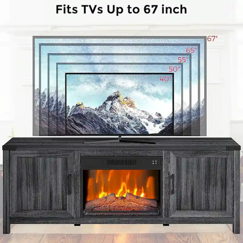 Meuble TV de style ferme noir avec foyer électrique de 23 po, convient aux téléviseurs jusqu'à 65 po