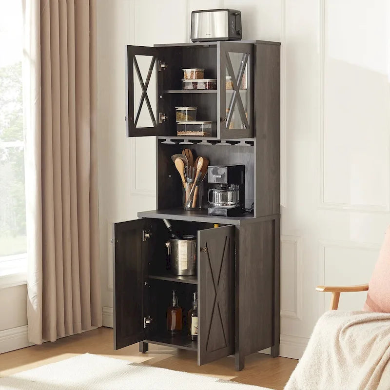 Meuble Bar de Ferme Gris Anthracite avec Porte Coulissante en Verre et Casier à Bouteilles, Simple