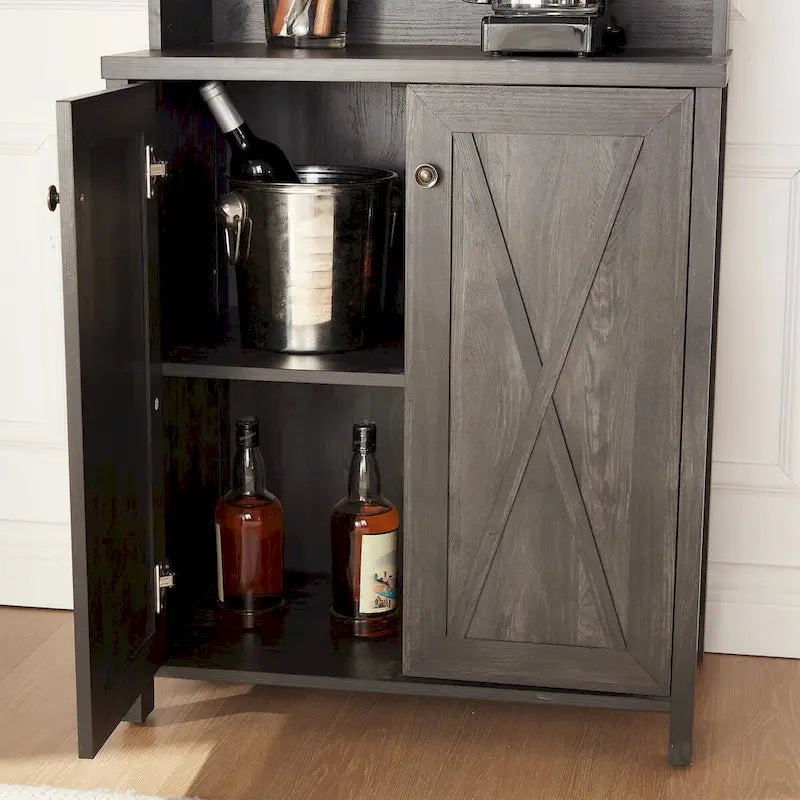 Meuble Bar de Ferme Gris Anthracite avec Porte Coulissante en Verre et Casier à Bouteilles, Simple