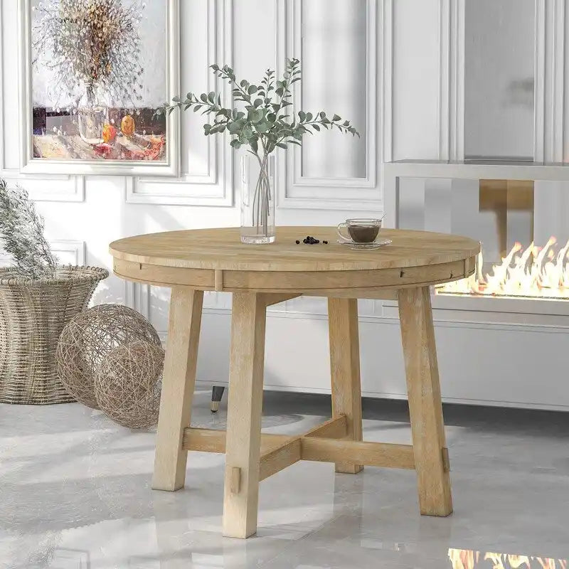 Table de salle à manger ronde extensible en bois naturel/expresso, 4 à 6 places