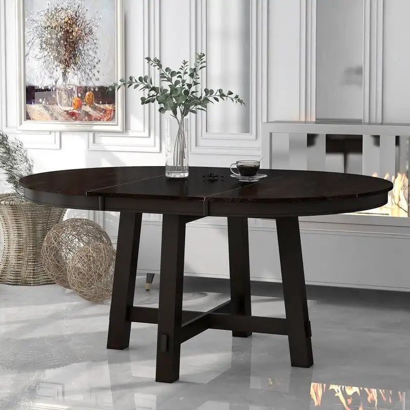 Table de salle à manger ronde extensible en bois naturel/expresso, 4 à 6 places