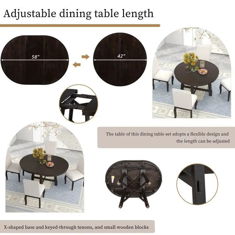 Table de salle à manger ronde extensible en bois naturel/expresso, 4 à 6 places