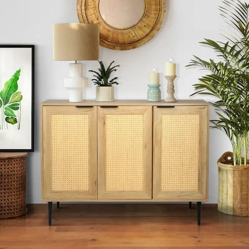 Meuble de rangement en bois naturel, 3 portes en rotin, 3 étagères