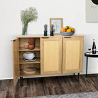 Meuble de rangement en bois naturel, 3 portes en rotin, 3 étagères