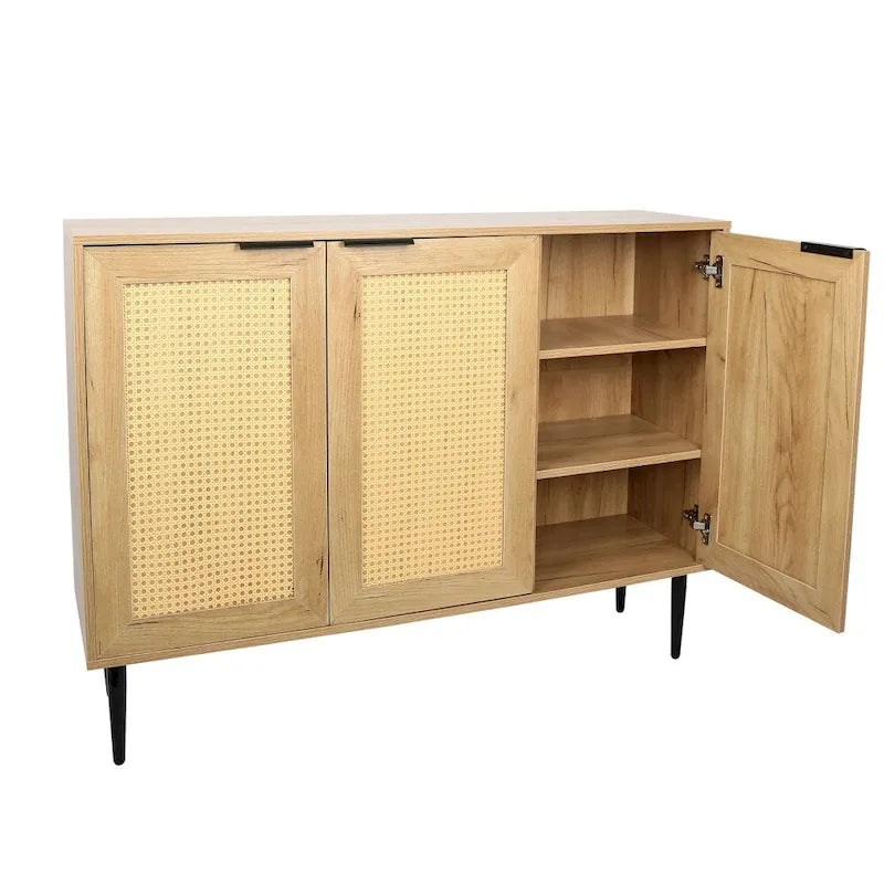 Meuble de rangement en bois naturel, 3 portes en rotin, 3 étagères