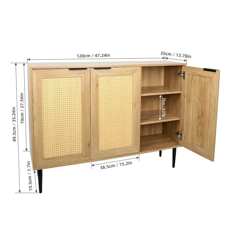Meuble de rangement en bois naturel, 3 portes en rotin, 3 étagères
