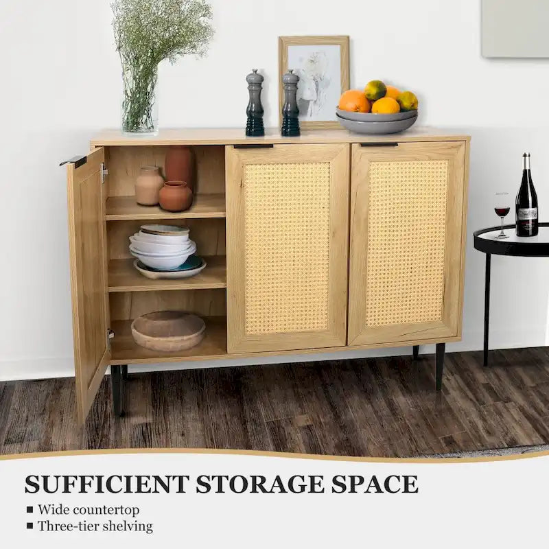 Meuble de rangement en bois naturel, 3 portes en rotin, 3 étagères