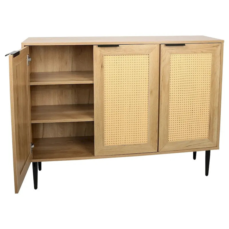 Meuble de rangement en bois naturel, 3 portes en rotin, 3 étagères