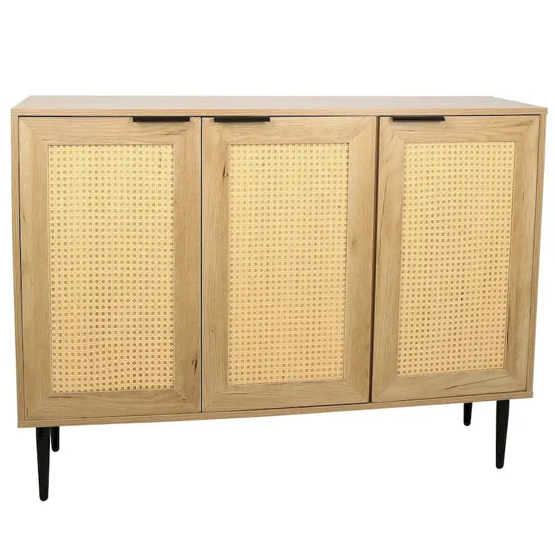 Meuble de rangement en bois naturel, 3 portes en rotin, 3 étagères