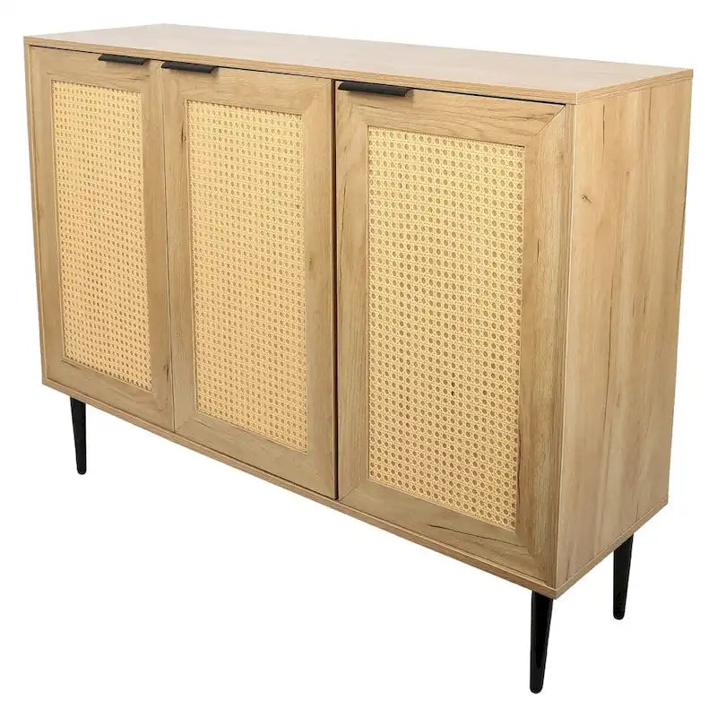 Meuble de rangement en bois naturel, 3 portes en rotin, 3 étagères